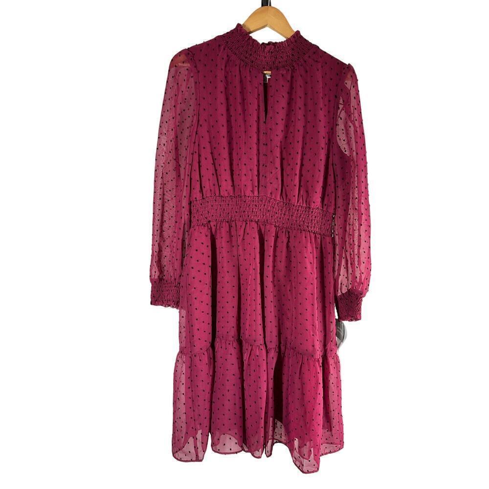 Sandra Darren Dot Keyhole Long Sleeve Midi Dress Wine Black Size Large